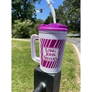 VINTAGE Long John Silver's Restaurant Large Purple Plastic Travel Mug